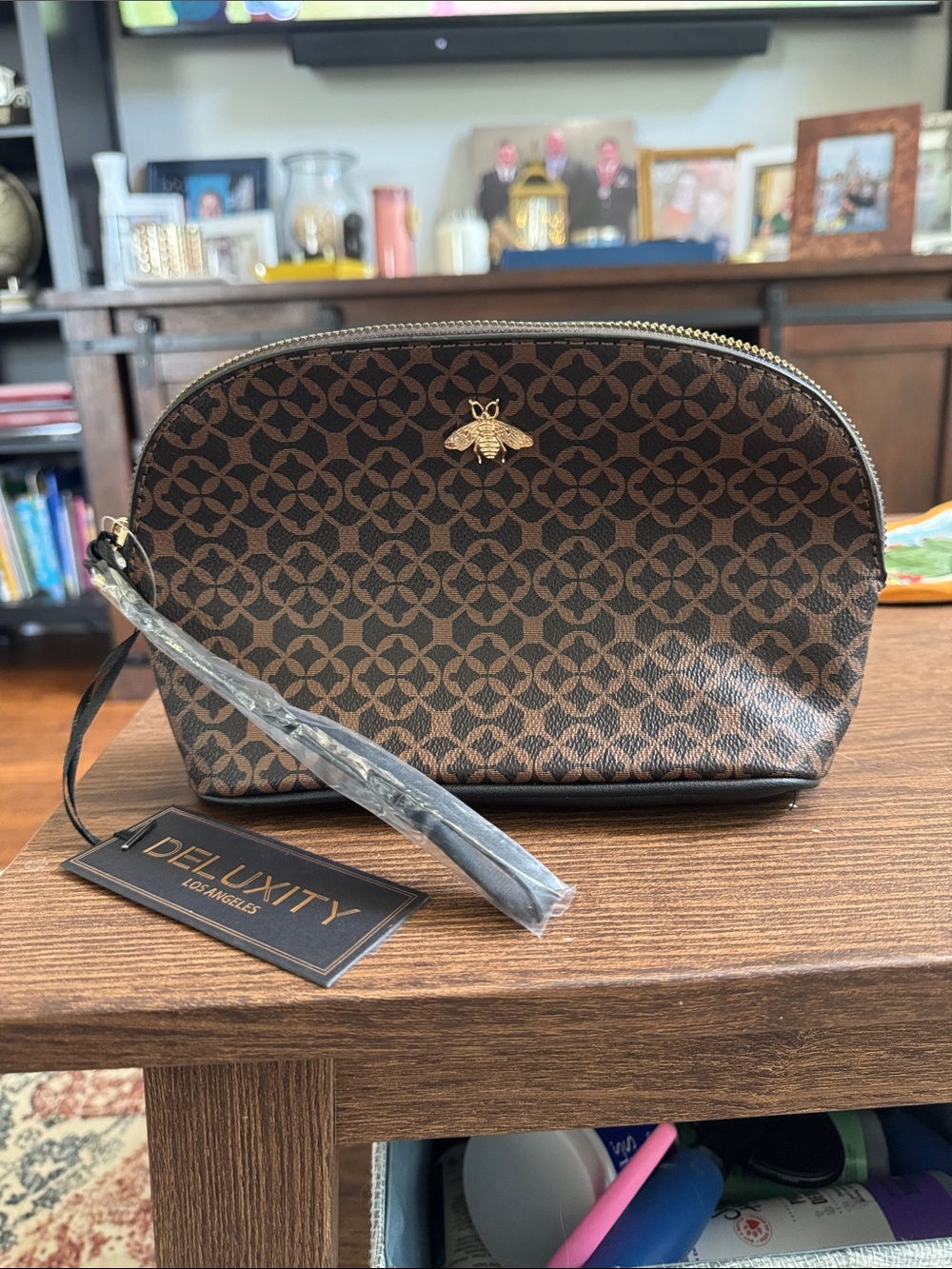 Deluxity Brown Patterned Wristlet Cosmetic Pouch with Gold Bee Accent
